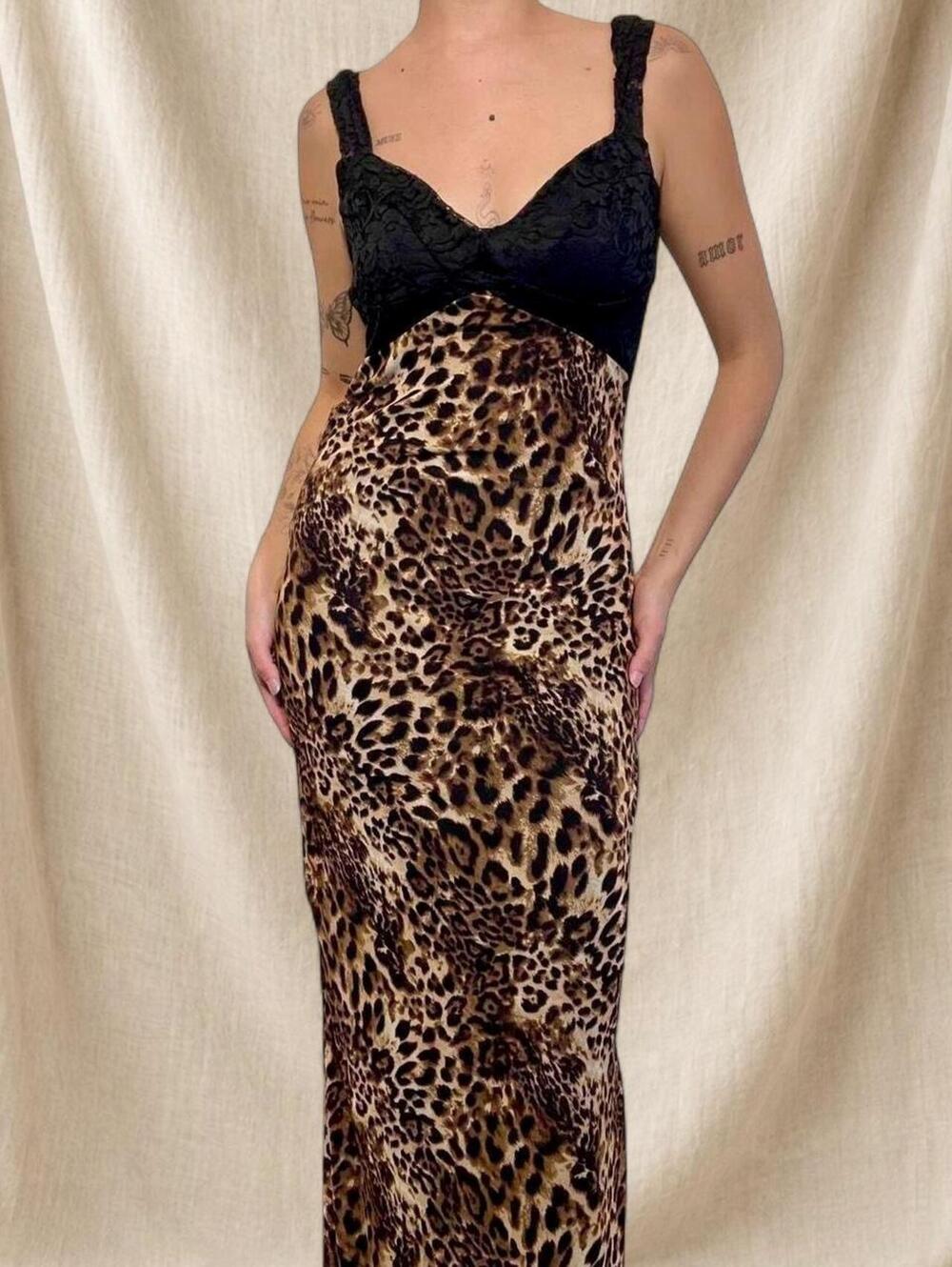Leopard print maxi dress with black lacey top